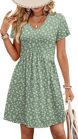 Dresses for Women 2026 Casual Summer V Neck Babydoll Dress Short Sleeve Fashion Beach Vacation Clothes