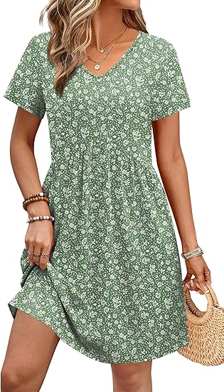 Dresses for Women 2026 Casual Summer V Neck Babydoll Dress Short Sleeve Fashion Beach Vacation Clothes